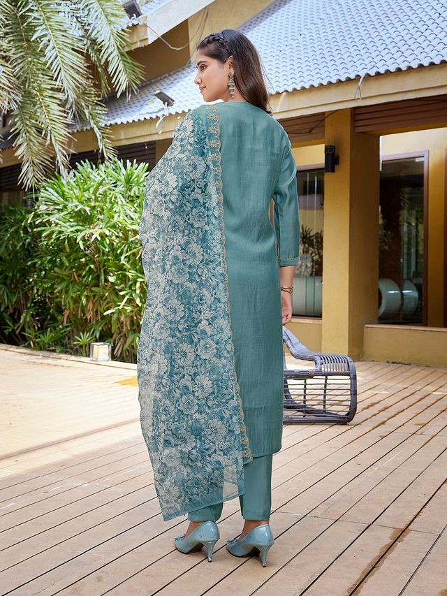 Light Blue Color Stylish Partywear Readymade Ethnic Suit
