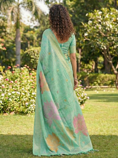 Sea Green Color Linen Cotton Fabric Woven Designer Partywear Saree