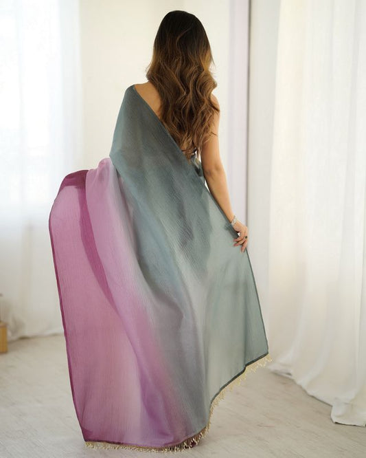 Designer Grey-Wine Color Candy Crush Silk Fabric Stylish Pre Stitched Saree