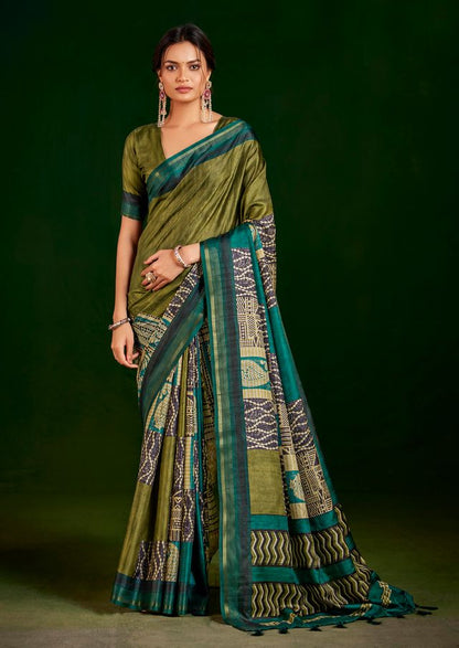 Parrot Green Color Gathan Silk Fabric Designer Digital Printed Partywear Saree
