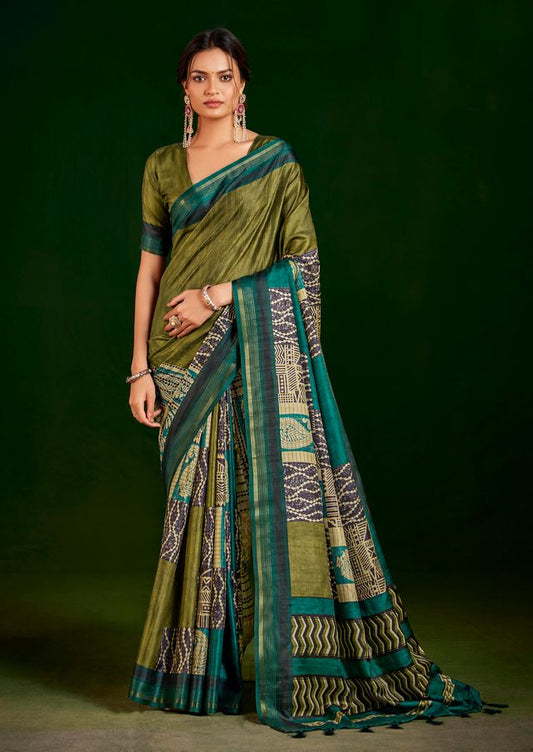 Parrot Green Color Gathan Silk Fabric Designer Digital Printed Partywear Saree