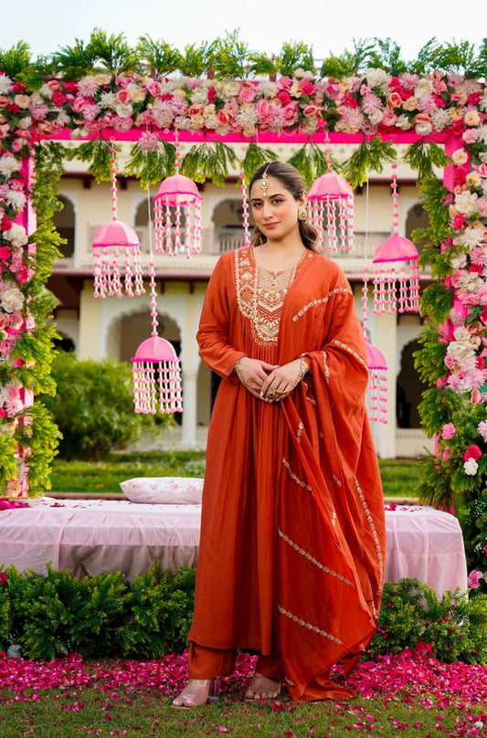 Rust Color Beautiful Readymade Dress On Vichitra Silk Fabric For Graceful Girlie Looks