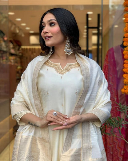 Cream Color Designer Embroidered Ethnic Partywear Suit