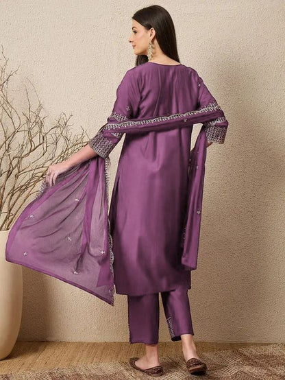Purple Color Roman Silk Fabric Beautiful Festive Wear Salwar Kameez