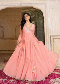 Peach Color Georgette Fabric Designer Embroidered Partywear Gown For Girlie Looks