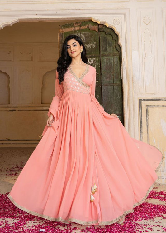 Peach Color Georgette Fabric Designer Embroidered Partywear Gown For Girlie Looks