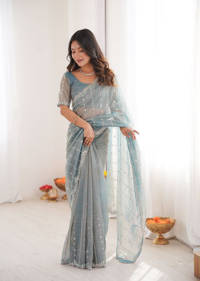 Sky Blue Color Twill Net Fabric Ethnic And Girlie Ceremonial Saree For Girls