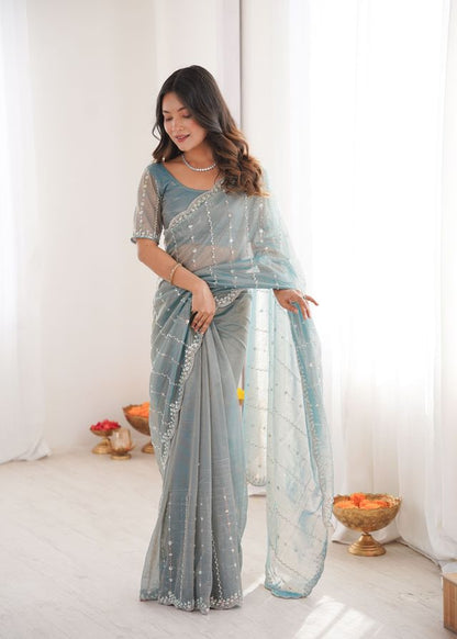 Sky Blue Color Twill Net Fabric Ethnic And Girlie Ceremonial Saree For Girls