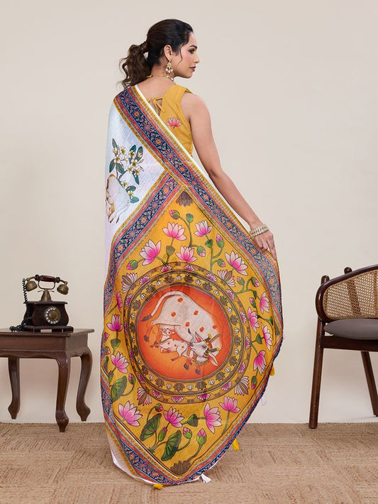 Cream Color Linen Silk Fabric Beautiful Partywear Saree