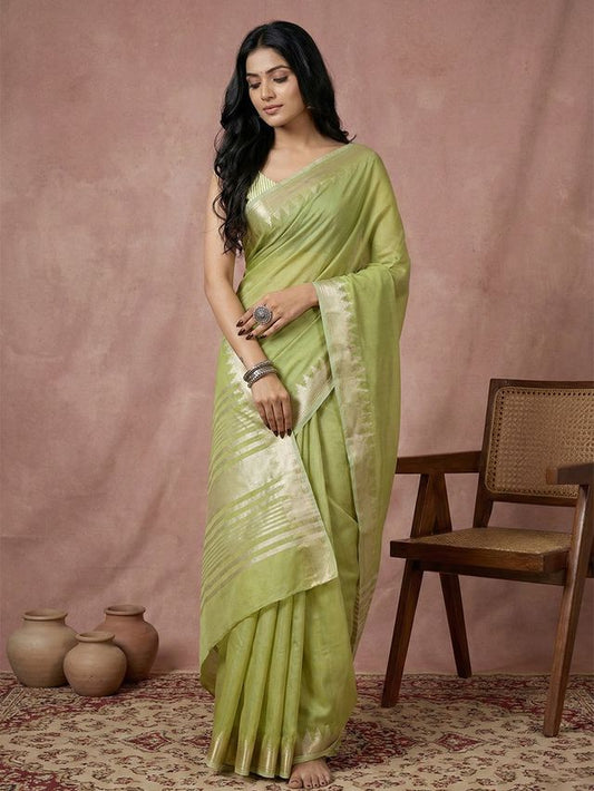 Pista Color Blended Cotton Woven Designer Ceremonial Sober Looks Saree