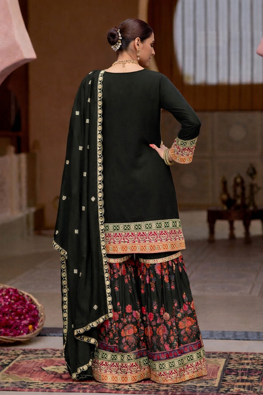 Black Chinon Silk with Codding Embroidery work with Digital Print Sharara Suit