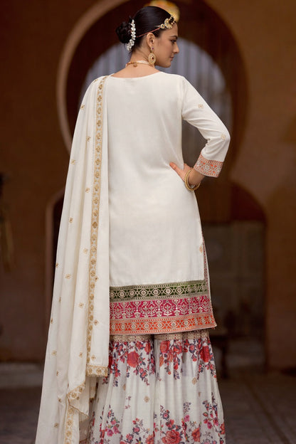 White Chinon Silk with Codding Embroidery work with Digital Print Sharara Suit