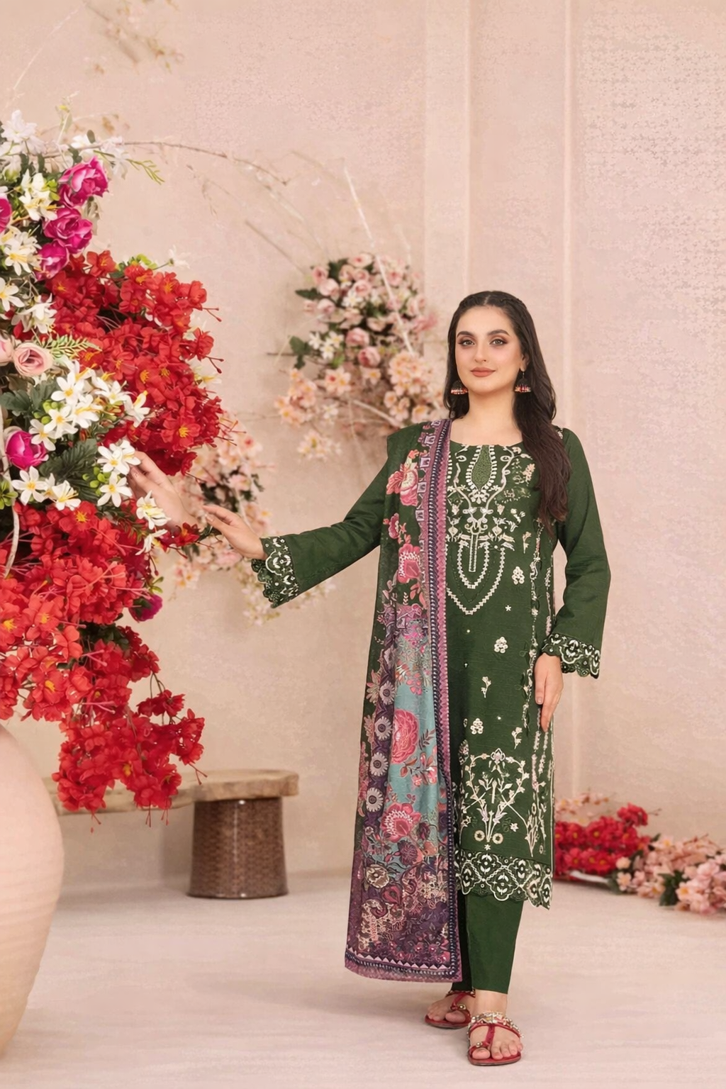 Cambric Cotton Semi Stitched Suit with Embroidered & Khatli Work