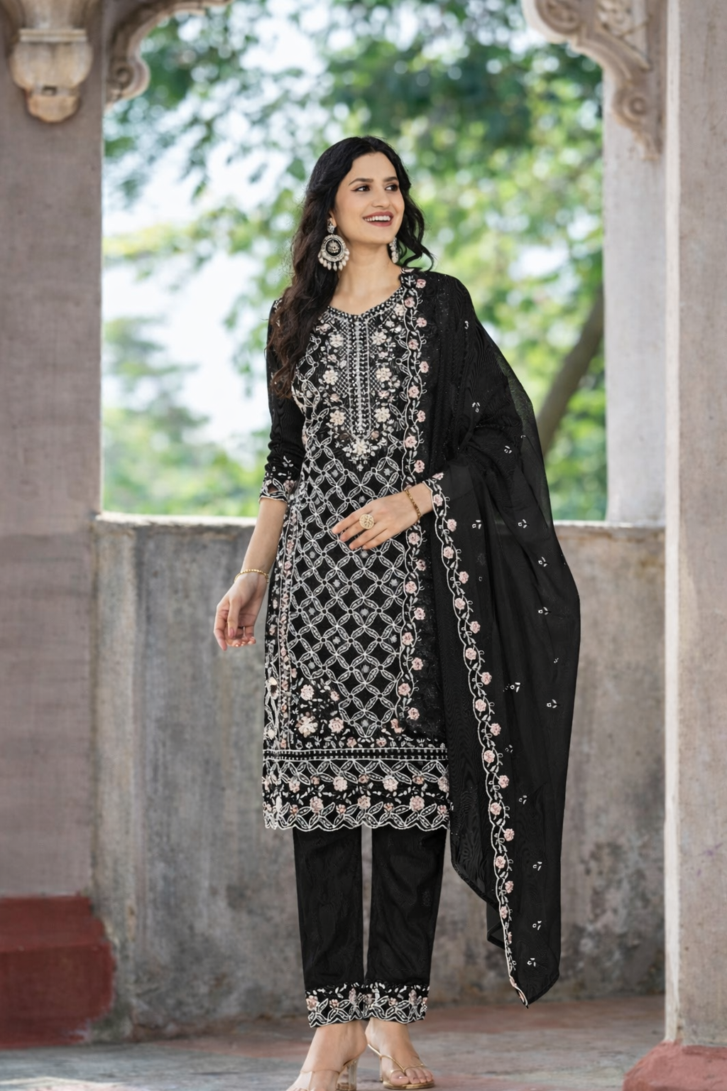 Black Chiffon Semi Stitched Suit with Embroidered Sequence Work