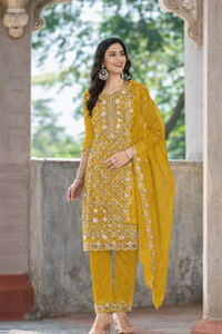 Yellow Chiffon Semi Stitched Suit with Embroidered Sequence Work