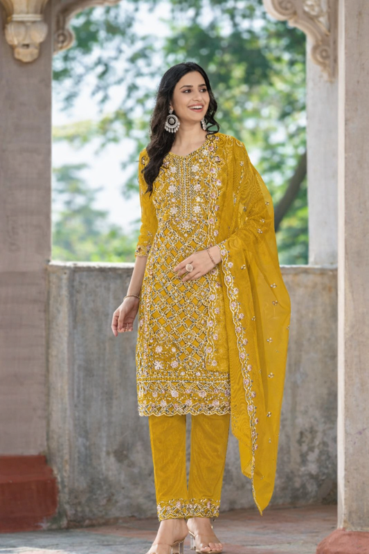 Yellow Chiffon Semi Stitched Suit with Embroidered Sequence Work