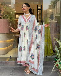 Women's Gorgeous Cotton Fabric Printed Work Straight Kurta Pant and Dupatta Set 3