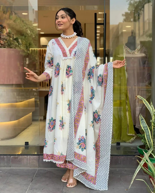 Women's Gorgeous Cotton Fabric Printed Work Straight Kurta Pant and Dupatta Set 3