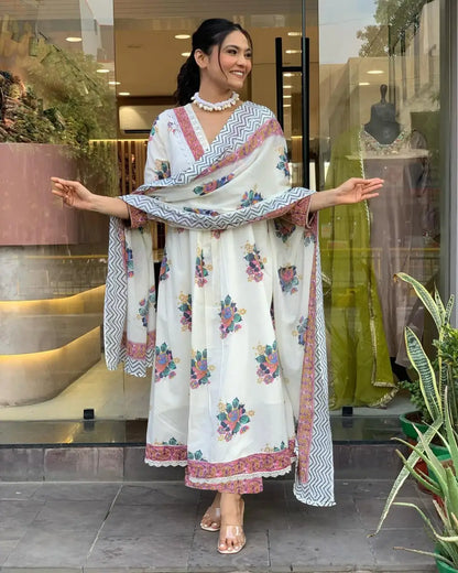 Women's Gorgeous Cotton Fabric Printed Work Straight Kurta Pant and Dupatta Set 3