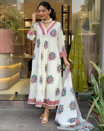 Women's Gorgeous Cotton Fabric Printed Work Straight Kurta Pant and Dupatta Set 3