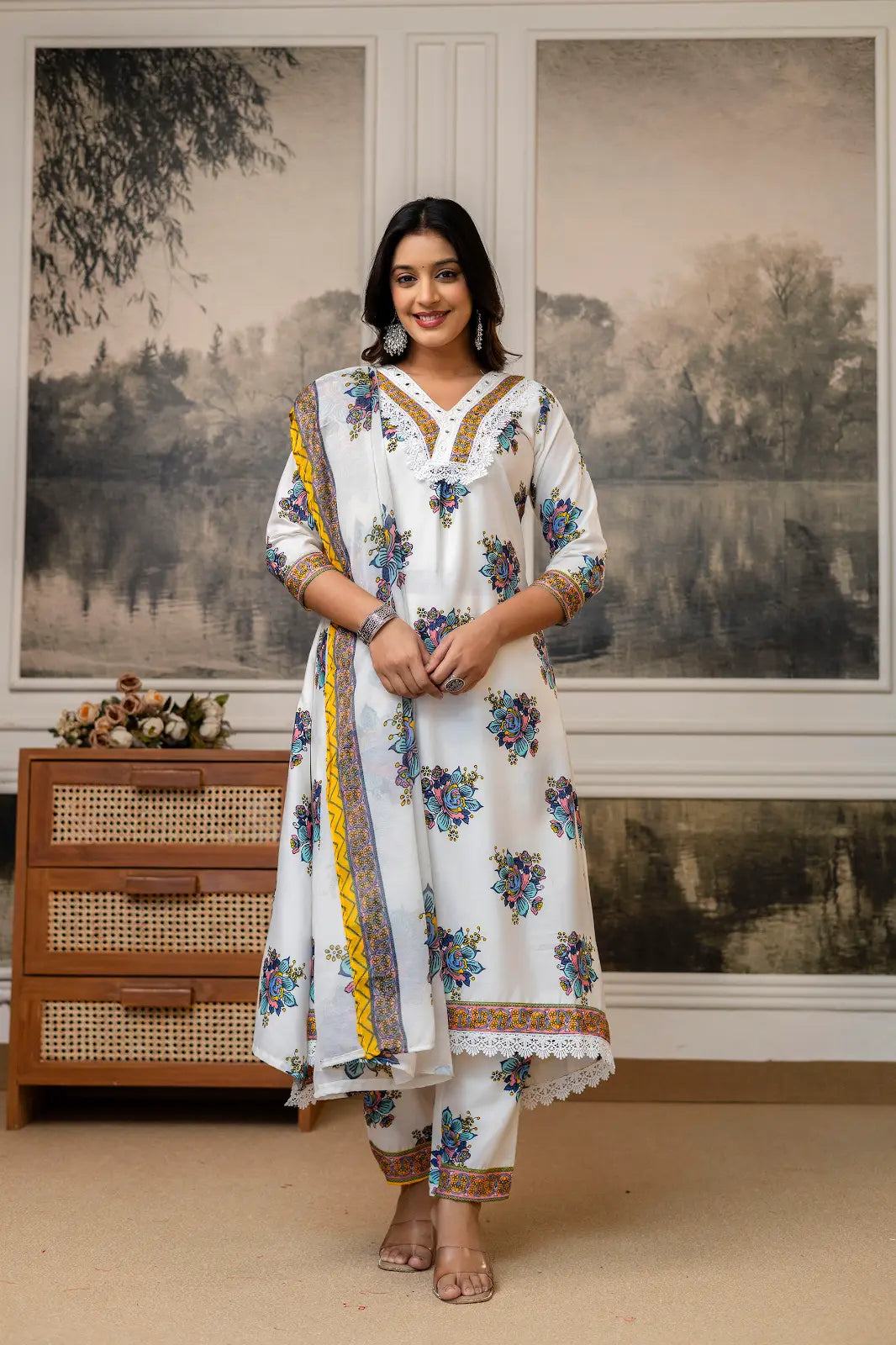 Women's Gorgeous Cotton Fabric Printed Work Straight Kurta Pant and Dupatta Set