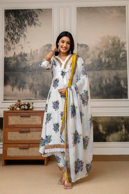 Women's Gorgeous Cotton Fabric Printed Work Straight Kurta Pant and Dupatta Set