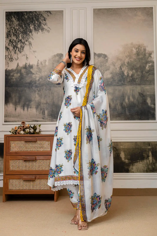Women's Gorgeous Cotton Fabric Printed Work Straight Kurta Pant and Dupatta Set