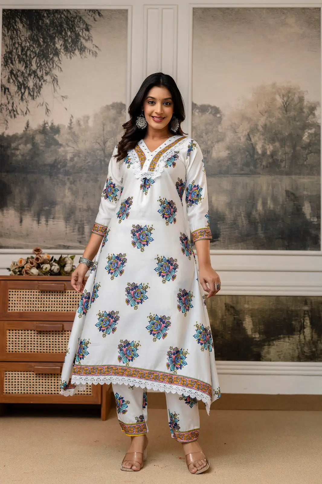 Women's Gorgeous Cotton Fabric Printed Work Straight Kurta Pant and Dupatta Set