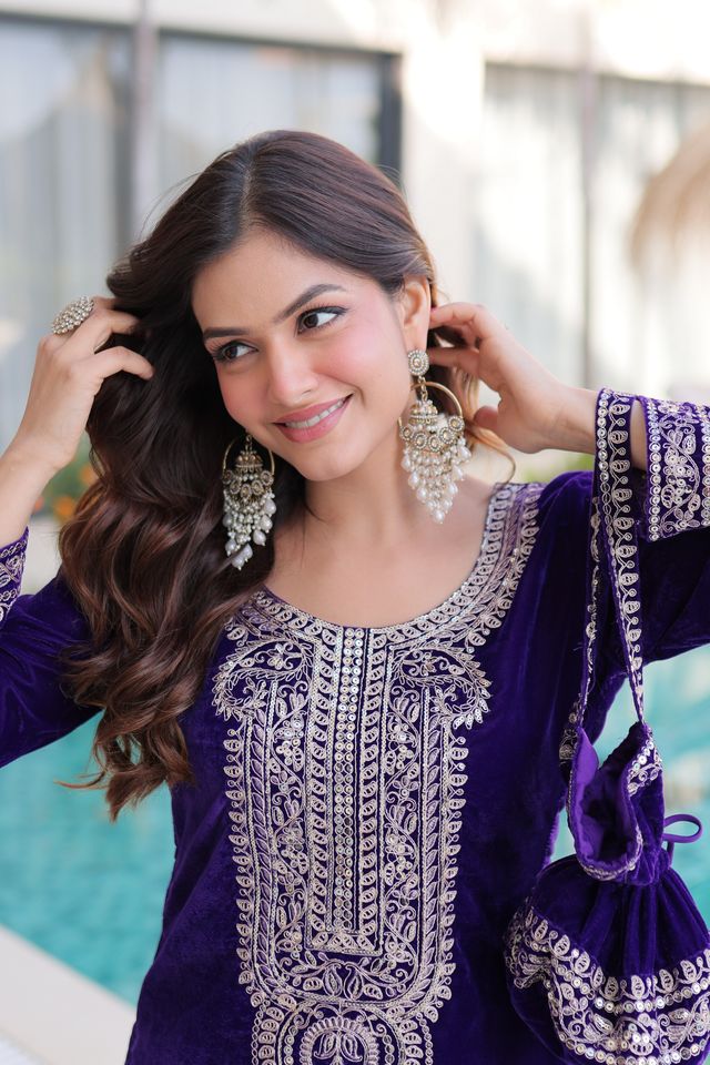 Purple Color Geaceful Festive Special Velvet Fabric Readymade Suit With Batwa