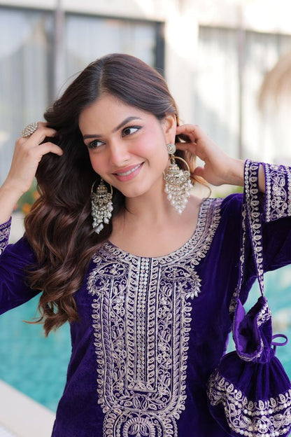 Purple Color Geaceful Festive Special Velvet Fabric Readymade Suit With Batwa