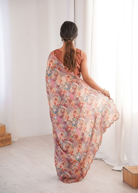Peach Color Chinon Fabric Digital Printed Partywear Ceremonial Saree