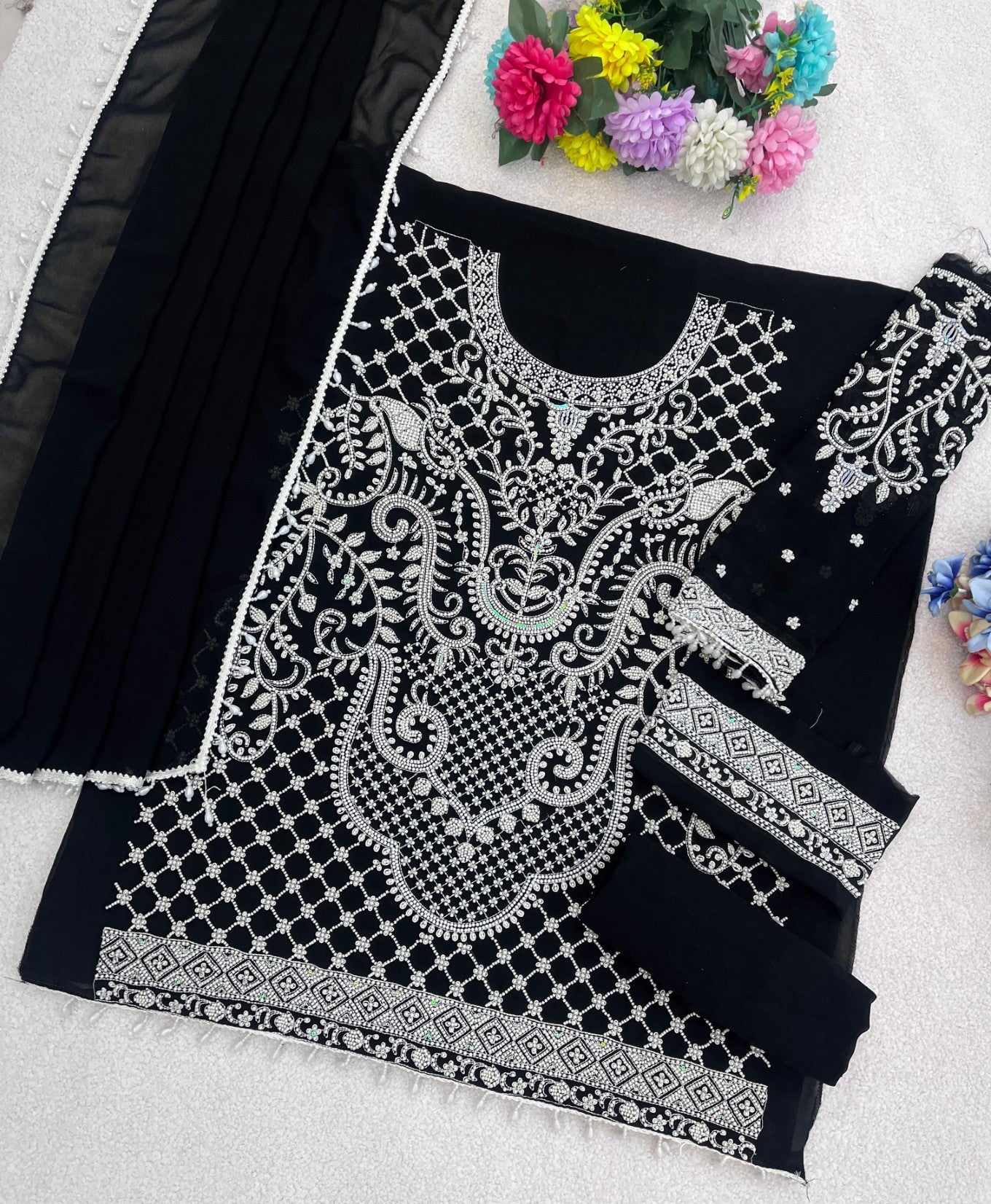Black Georgette Semi Stitched Suit with Embroidered Beads & Sequence Work