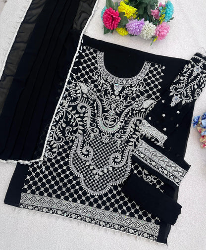 Black Georgette Semi Stitched Suit with Embroidered Beads & Sequence Work