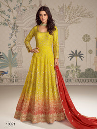 Yellow Georgette Free Size Stitced Anarkali Suit with Embroidered Sequence Work