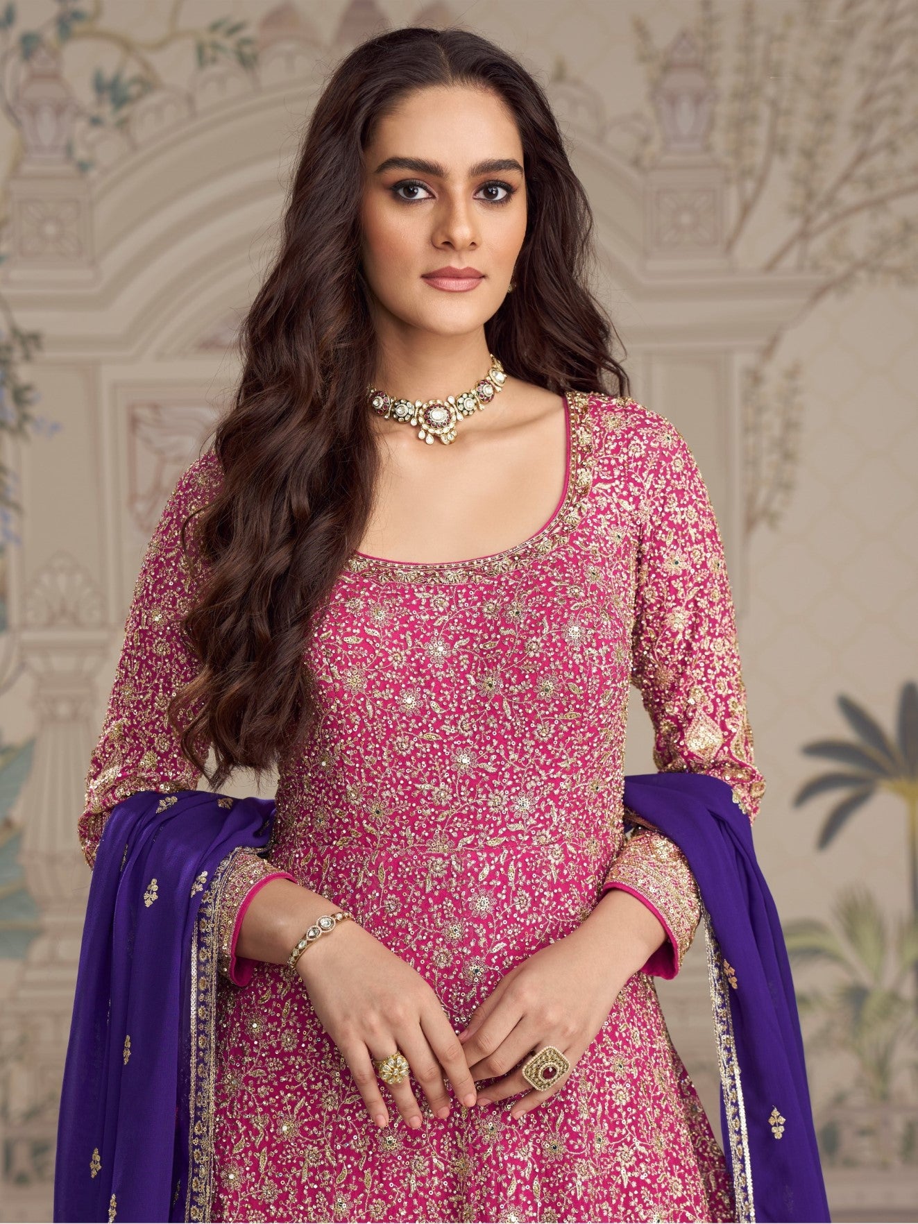 Magenta Georgette Free Size Stitced Anarkali Suit with Embroidered Sequence Work