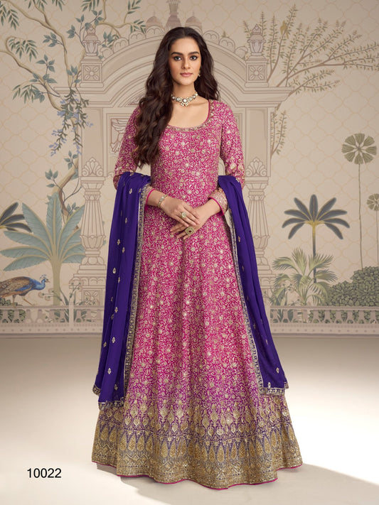 Magenta Georgette Free Size Stitced Anarkali Suit with Embroidered Sequence Work