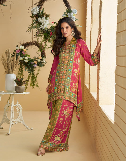 Magenta Real Premium Digital Crep Silk Readymade Cord Set with Mirror work