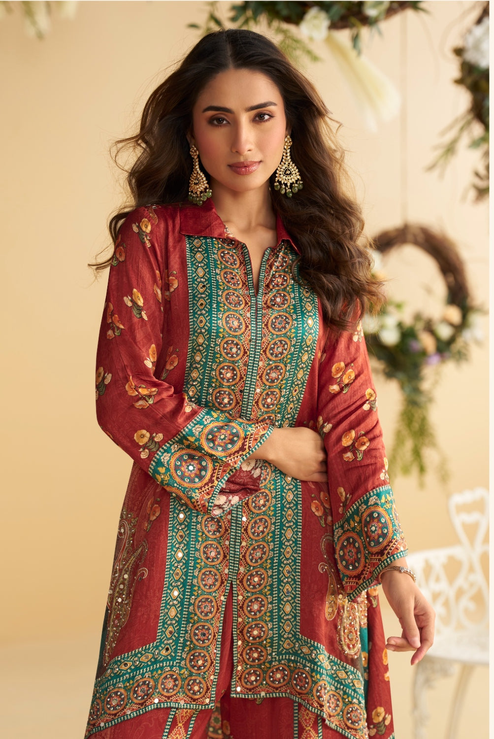 Red Real Premium Digital Crep Silk Readymade Cord Set with Mirror work