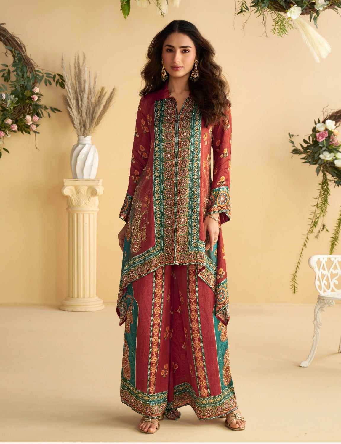 Red Real Premium Digital Crep Silk Readymade Cord Set with Mirror work