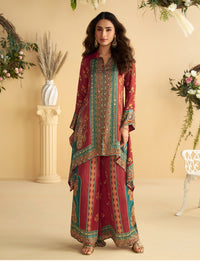 Red Real Premium Digital Crep Silk Readymade Cord Set with Mirror work