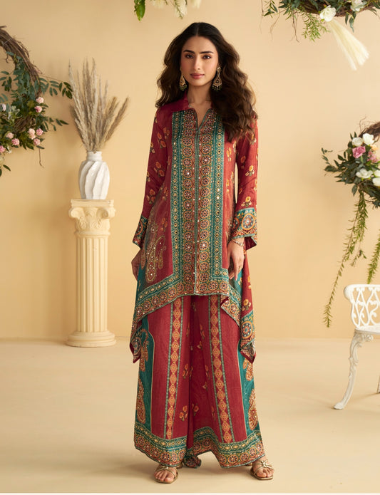 Red Real Premium Digital Crep Silk Readymade Cord Set with Mirror work