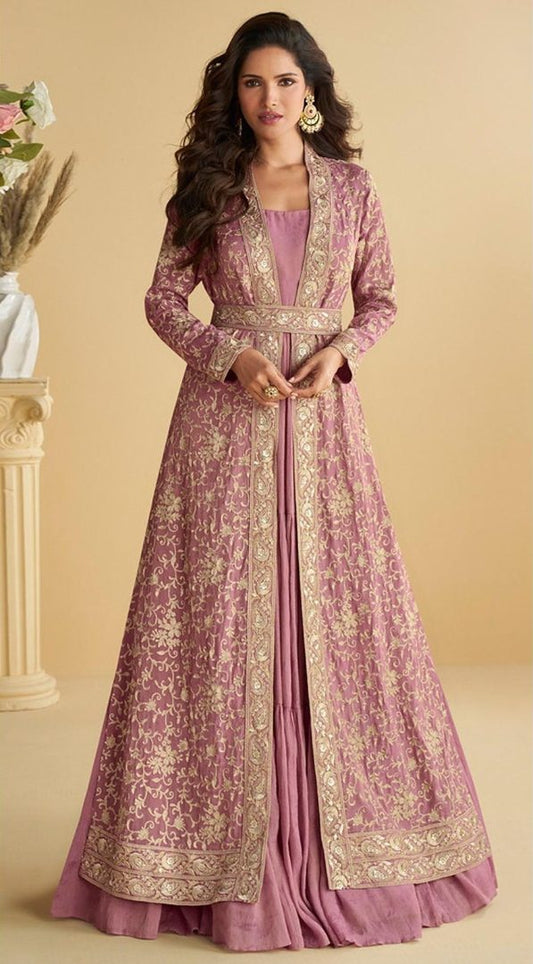 Purple Chinon Silk Readymade Anarkali Shrug Gown with Belt & Embroidery Work