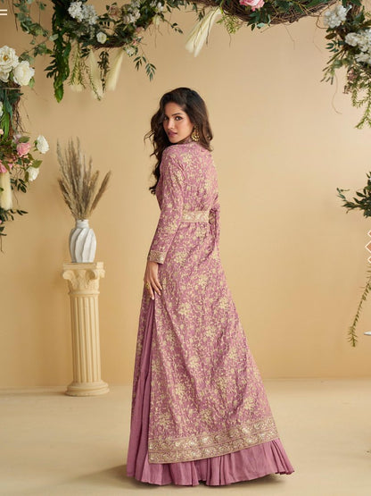 Purple Chinon Silk Readymade Anarkali Shrug Gown with Belt & Embroidery Work