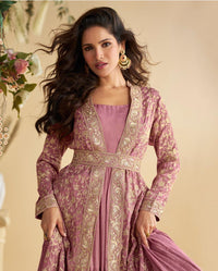 Purple Chinon Silk Readymade Anarkali Shrug Gown with Belt & Embroidery Work