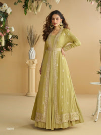 Mustard Chinon Silk Readymade Anarkali Shrug Gown with Belt & Embroidery Work