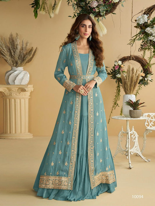Sky-Blue Chinon Silk Readymade Anarkali Shrug Gown with Belt & Embroidery Work