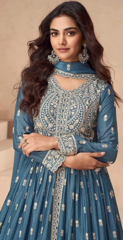 Teal Chinon With Sequence Embroidery Semi Stitched Salwar Suit