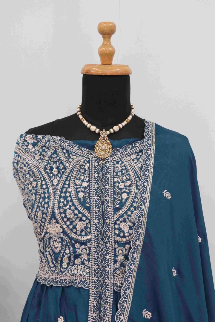 Teal Chinon With Sequence Embroidery Semi Stitched Salwar Suit