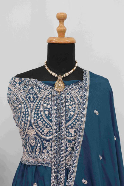Teal Chinon With Sequence Embroidery Semi Stitched Salwar Suit
