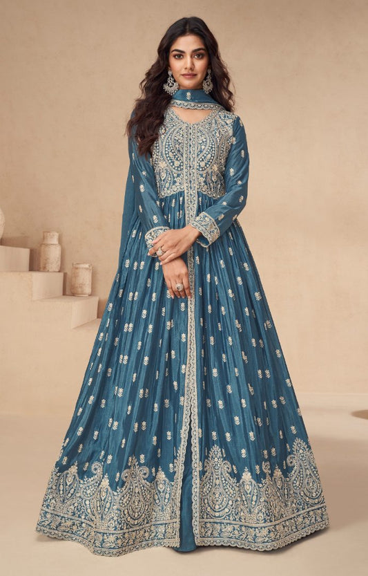 Teal Chinon With Sequence Embroidery Semi Stitched Salwar Suit